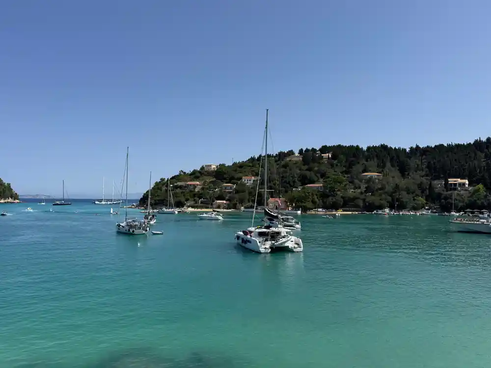 catamarans and yachts moored off a green islet in flat calm water