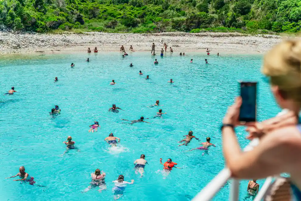 dozens of swimmers in the shallows off a pale pebble beach